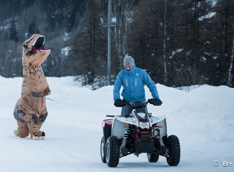 Rex en mode skateboard sur glace